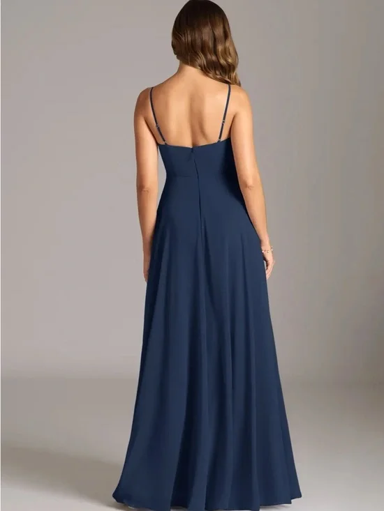Azazie Spaghetti Strap Navy Blue V-Neck Maxi Dress - Picture 2 of 3